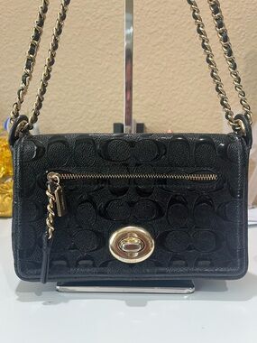 COACH LEX SMALL FLAP CROSSBODY BLACK PATENT SIGNATURE CHAIN BAG